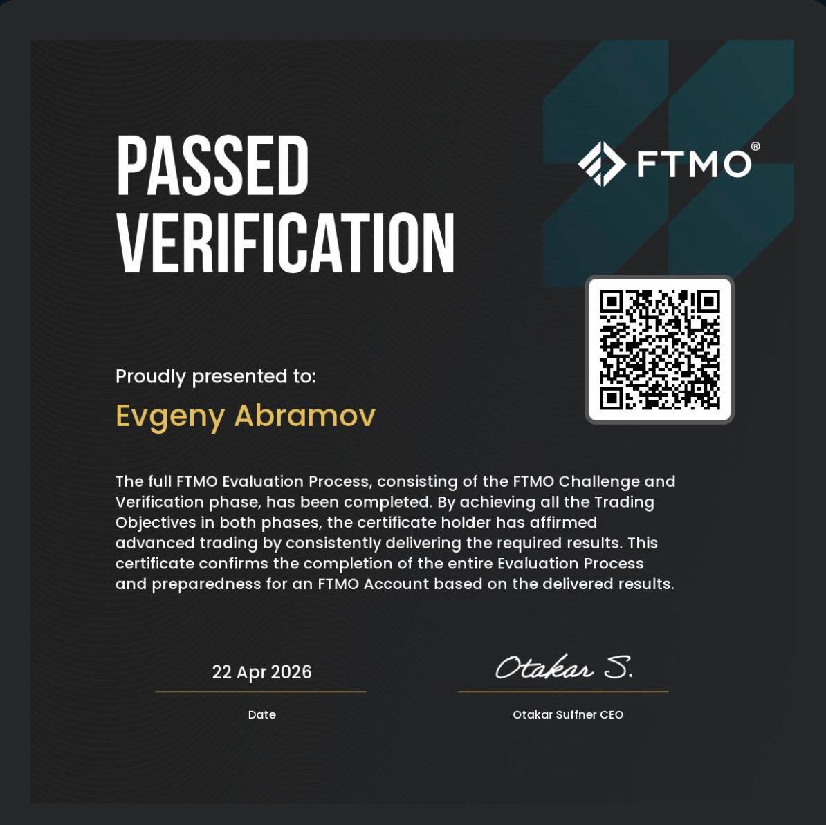 Сертификат о прохождении верификации FTMO